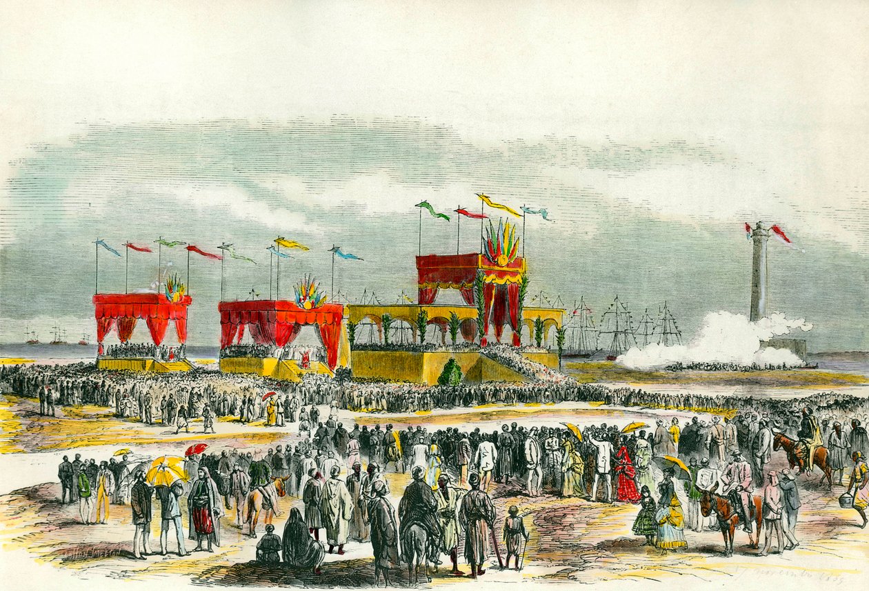Inaugurace Suezského průplavu v Egyptě v roce 1869: „Te deum“ zpívá v Port Said. Kanál byl vytvořen, aby spojil Rudé moře se Středozemním mořem. od French School