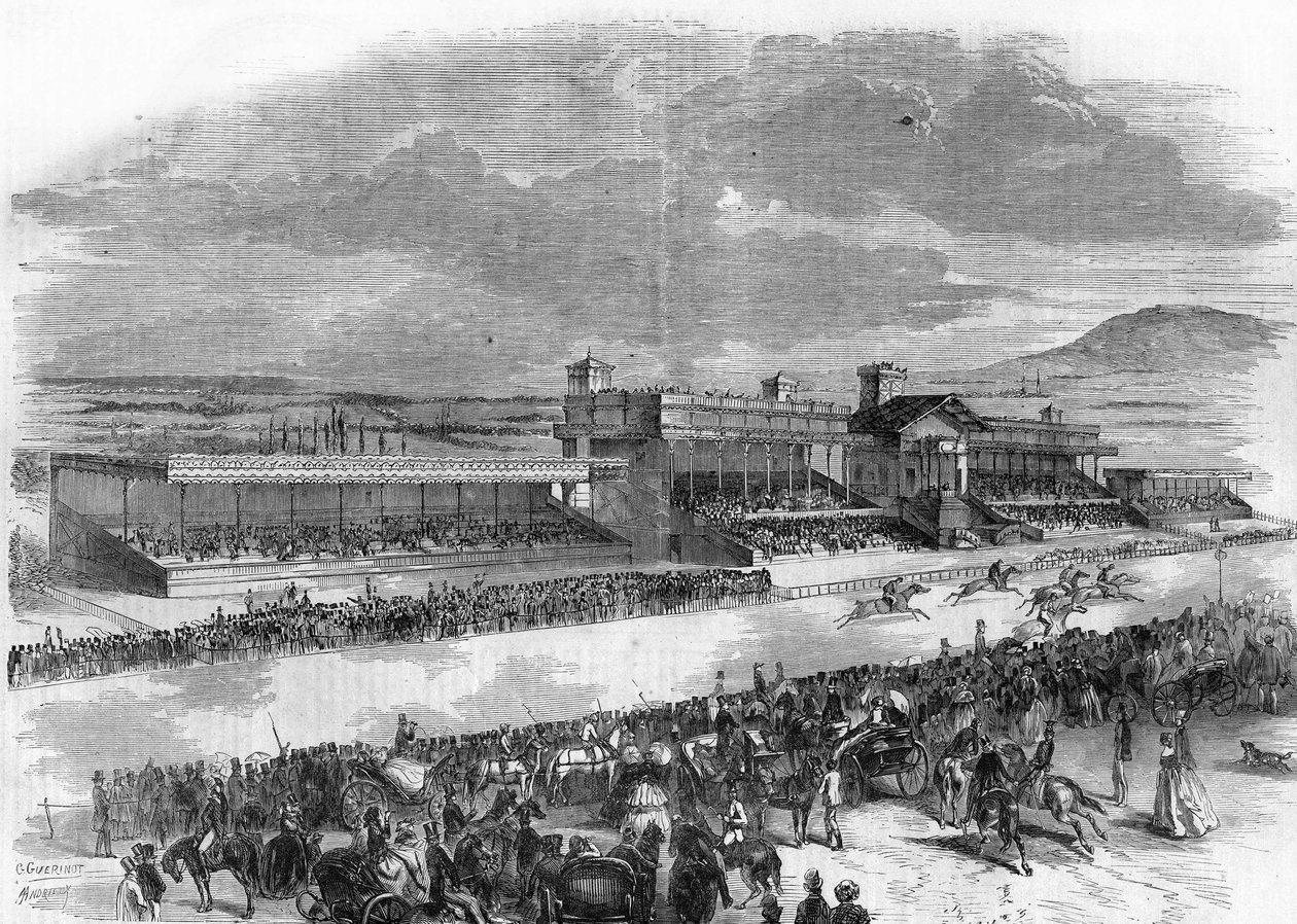 Slavnostní zahájení koňských dostihů v Bois de Boulogne v roce 1857. od French School