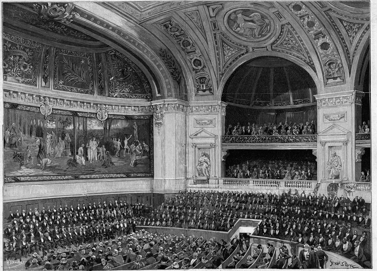 Inaugurace nové Sorbonny v roce 1889: velký amfiteátr během ceremonie. od French School
