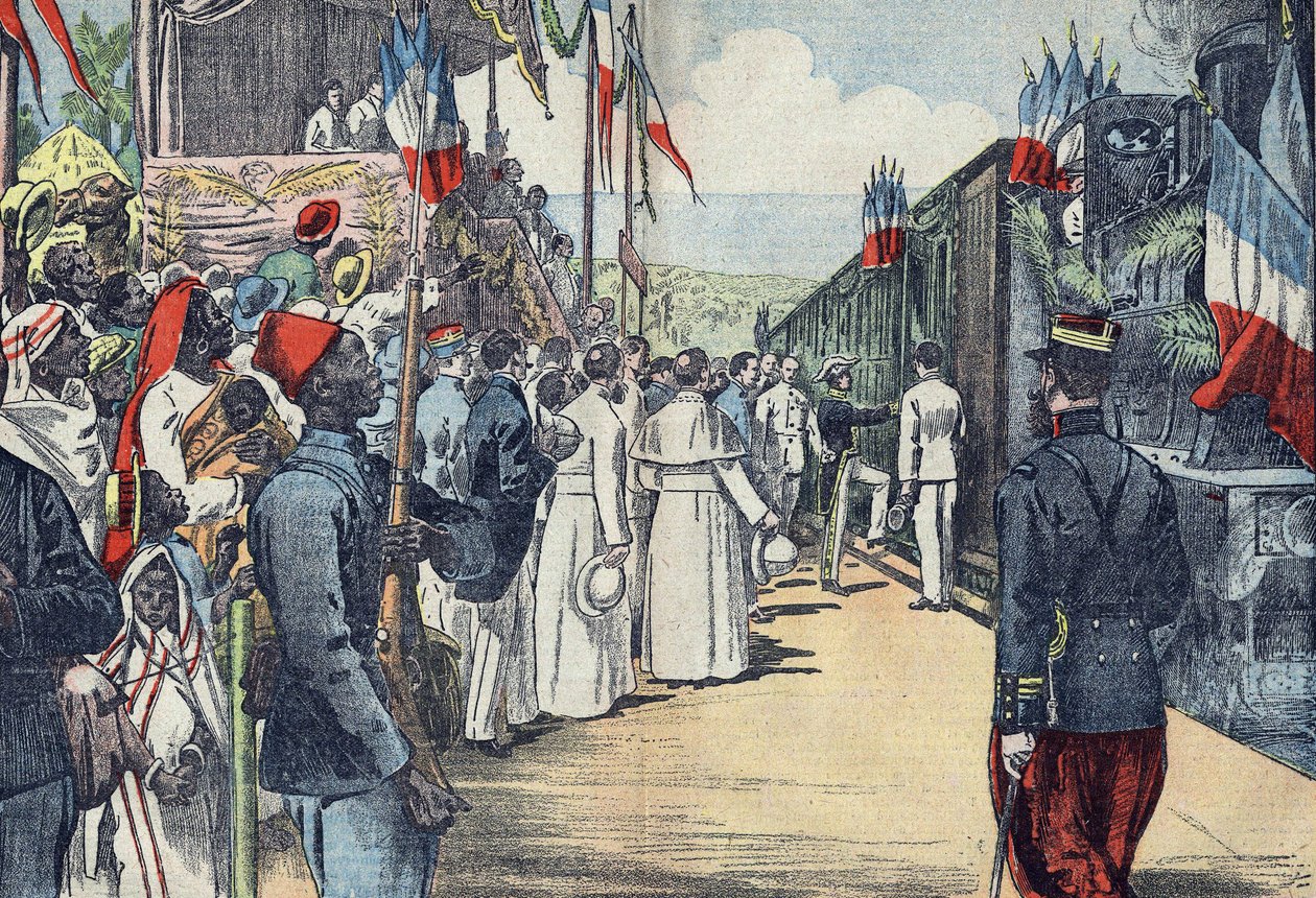 Slavnostní otevření železnice spojující Thies s Kayes do Senegalu, začátek 20. století od French School