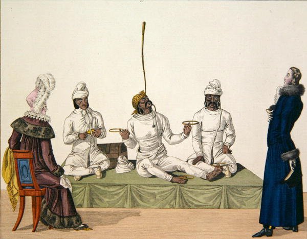 Indičtí žongléři při balancování, deska 87 z knihy "le Bon Genre", asi 1810 (barevná rytina) od French School