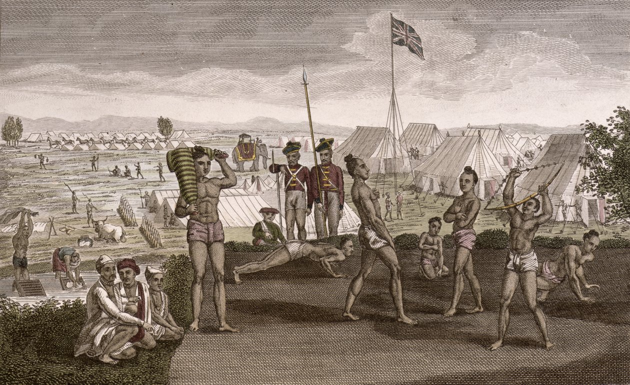 Indiánští válečníci při cvičení s výhledem na tábor English Residents, kolem roku 1810 od French School