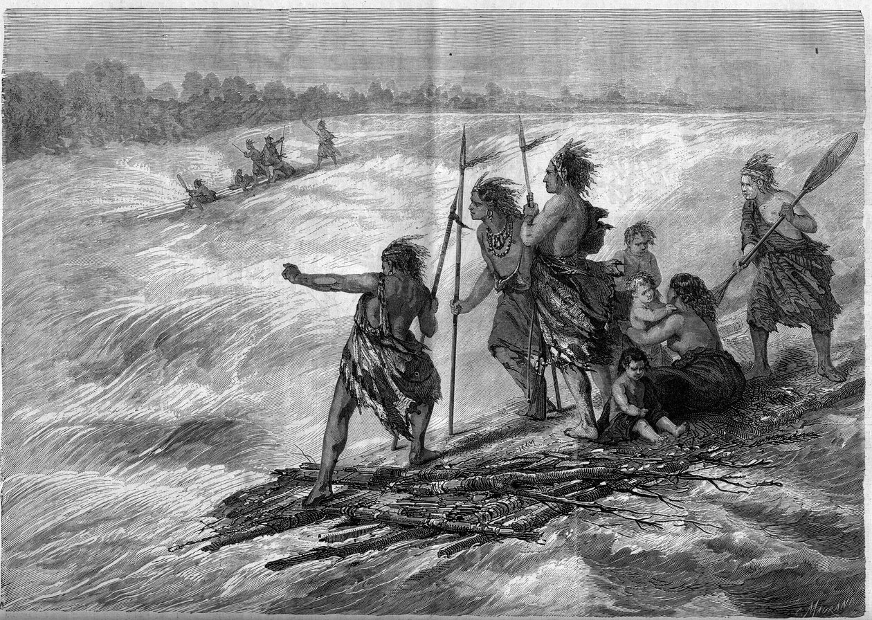 Indiáni z Kanady, stojící na větvích stromů spojených k sobě, sestupují z Long Sault Rapids na řece St. od French School