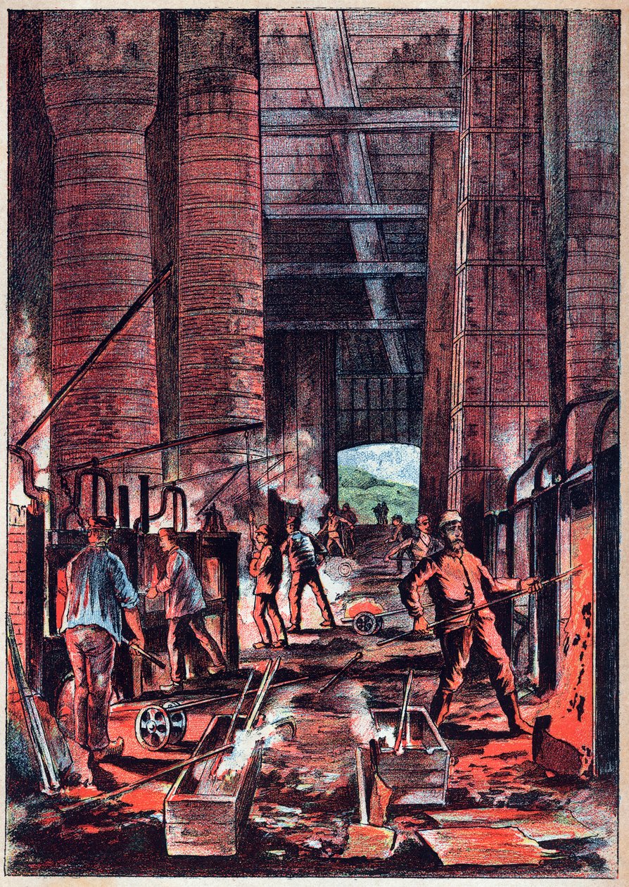 Průmyslová revoluce - Puddlovací pec - Puddler Ovens (Puddlage) - Rytí do "" Vědy dostupné všem - Populární fyzika a chemie" od Alexise Clerca - Konec 19. století - Soukromá sbírka od French School