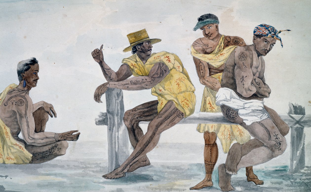 Obyvatelé Tahiti, Společenské ostrovy, akvarel Jules-Louis Lejeune, podle knihy Cesta kolem světa od French School