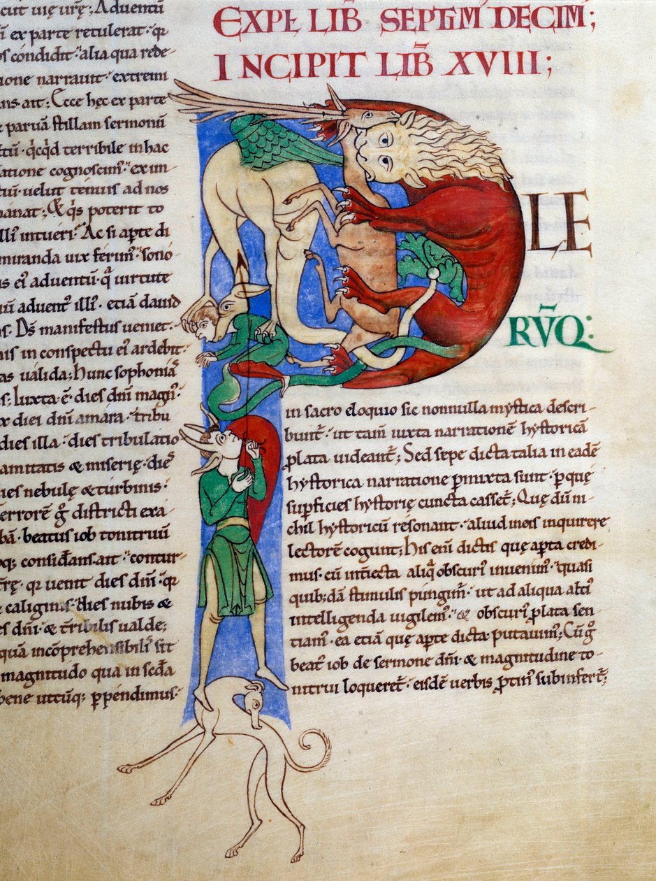 Počáteční P (lettrine): kvasinkový ďábel z pekelných úst. Miniatura z rukopisu "Moralia in Job", Morales sur Job od Saint Gregoire, z opatství citeaux. od French School