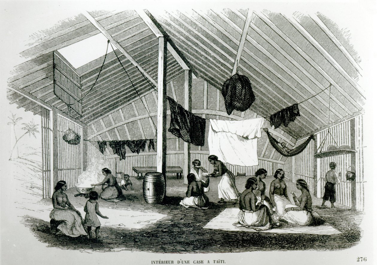 Uvnitř tahitanské chýše, z „Voyages dans Les Deux Oceans“, Eugene Delessert, 1848 od French School