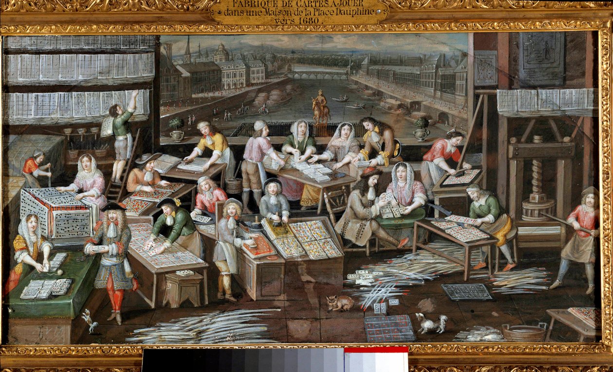 Uvnitř továrny na hrací karty v domě Place Dauphine v Paříži Jsou popsány různé fáze výroby a prodeje karet. Malba francouzské školy. 1680 kolem Paříže, Musee Carnavalet od French School