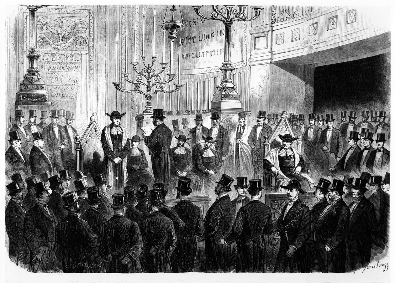 Instalace Lazarda Isidora jako vrchního rabína Francie v roce 1867 v synagoze na Rue Notre-Dame-de-Nazareth v Paříži od French School