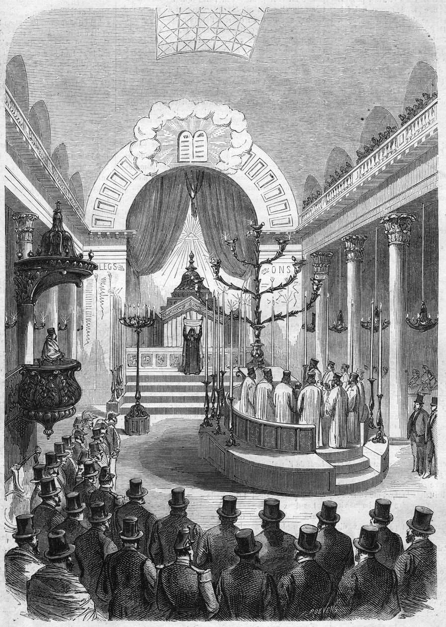Instalace vrchního rabína odvodu z Bordeaux v městské synagoze v roce 1864. Rytina z náčrtu pana Duffeta. od French School