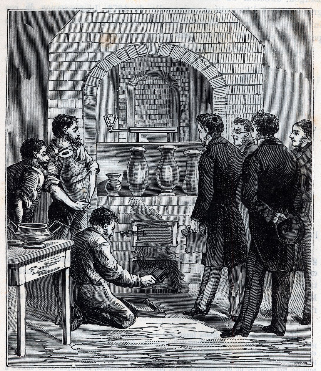 Instalace pyrometru Alexandrem Brongniartem (1770 -1847) Francouzským vědcem ve výrobě Sevres - Rytina ve „Sciences mise à la gridte de tous - fyzika et chimie populaire““ od Alexise Clerca - Konec 19. století. Soukromá sbírka. od French School