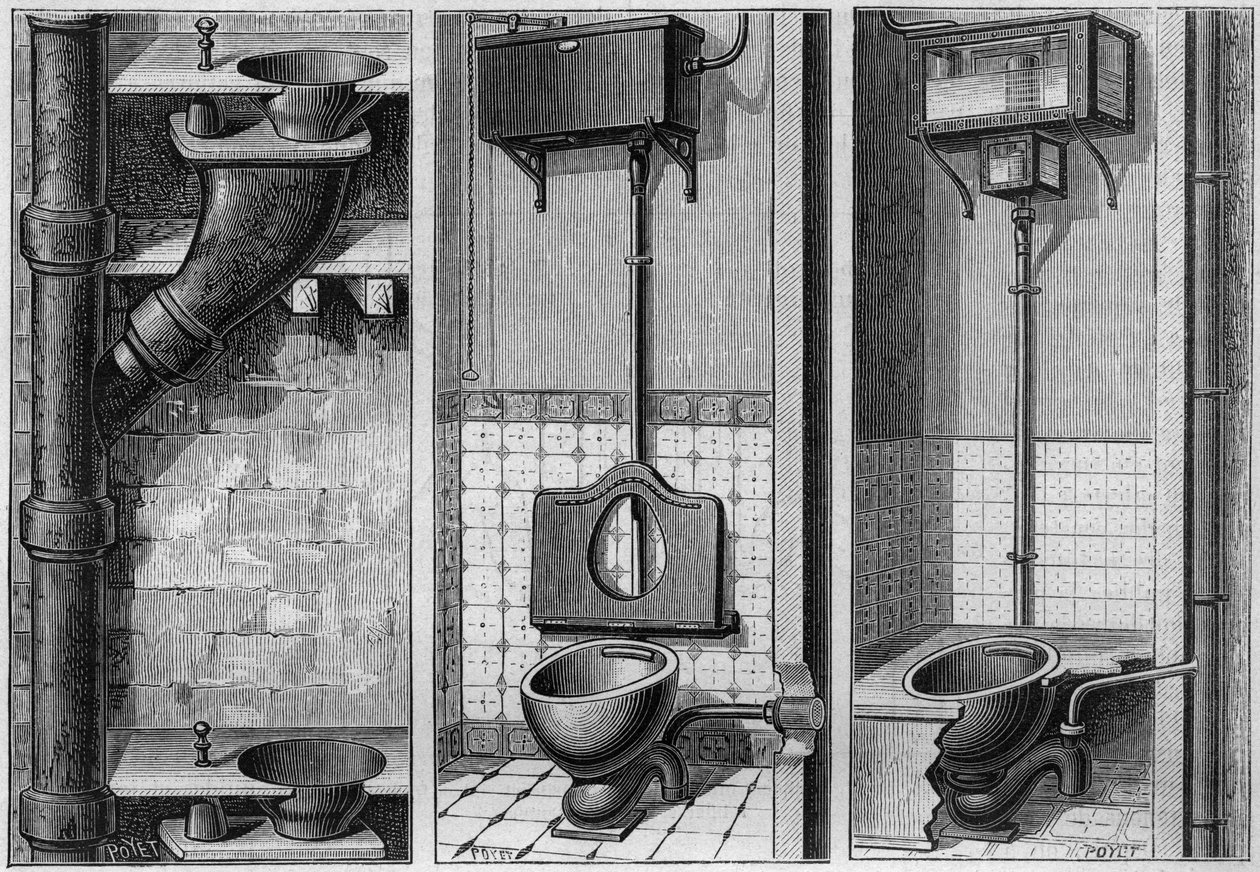 Instalace tří komor: (zleva doprava:) sanitární skříň, sanitární skříň s loveckou nádrží a sifonem a ventilačním zařízením bez mechaniky. Gravírování v „“ La Nature. Revue des sciences et de ses applications aux arts et a l