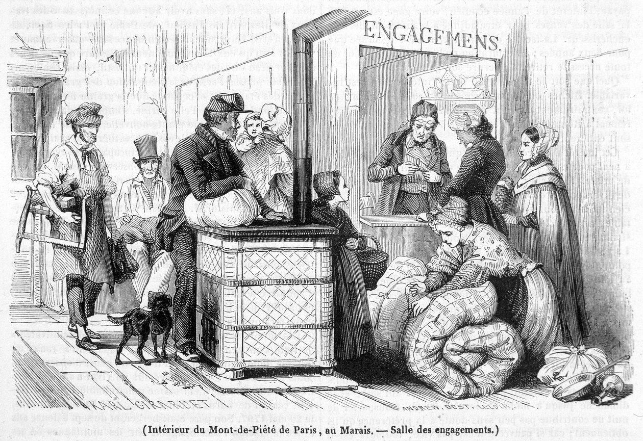 Interiér Mont-de-Piété v Paříži, v Marais: zásnubní síň - v "Le Magasin picturesque" č. 6 z června 1842 od French School