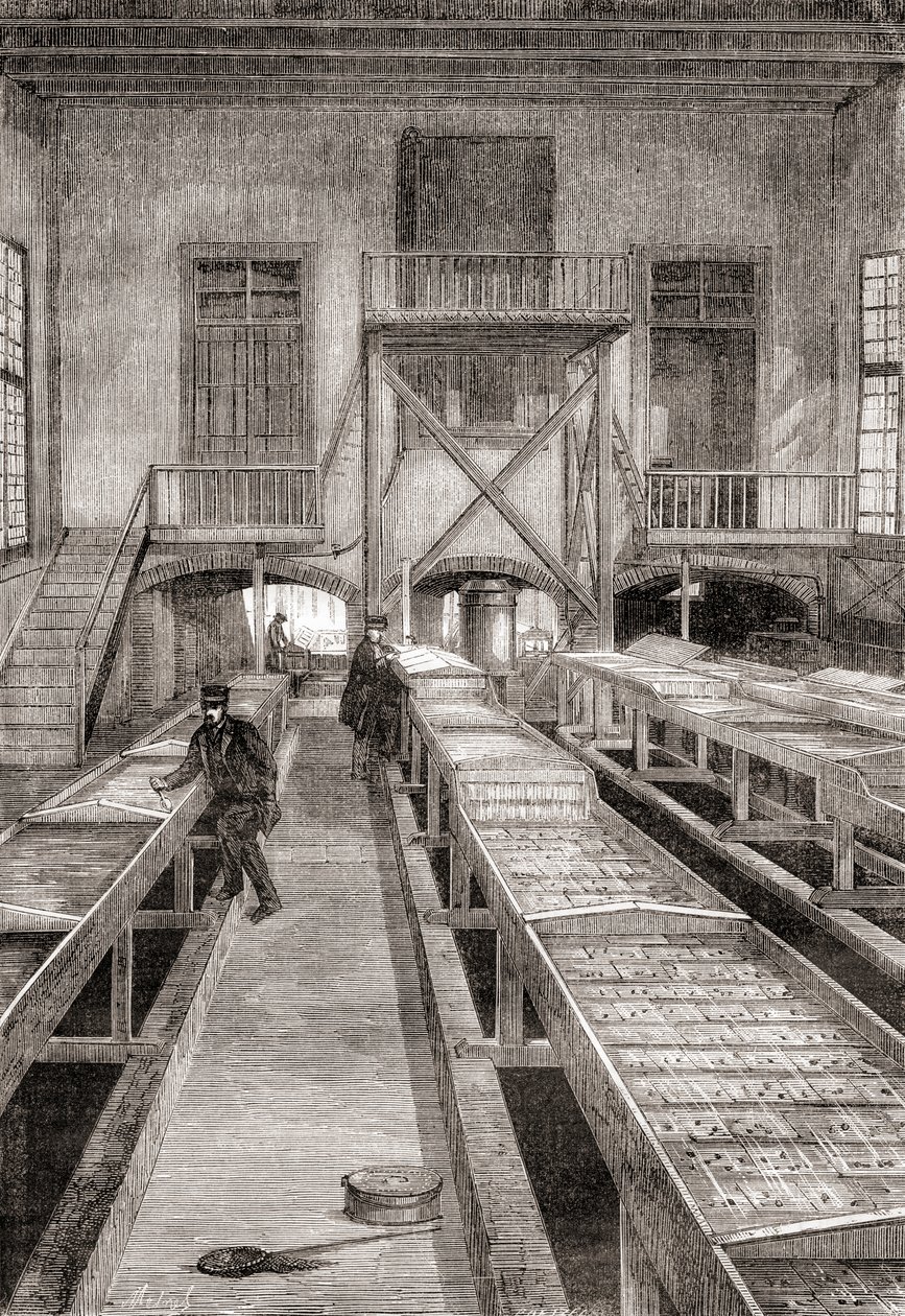Interiér rybí farmy z 19. století v Huningue, Francie, z Les Merveilles de la Science, vydáno kolem roku 1870 (rytina) od French School