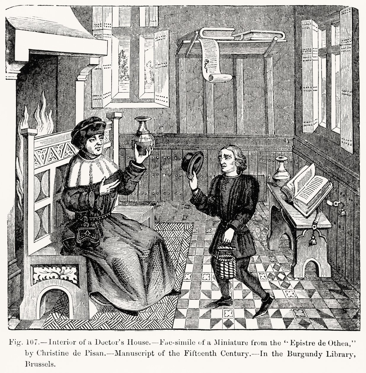 Interiér domu lékařů, z Epistre dOthea od Christine de Pisan, ilustrace z Vědy a literatury ve středověku a renesanci, napsal a vyryl Paul Lacroix, 1878 (gravi od French School