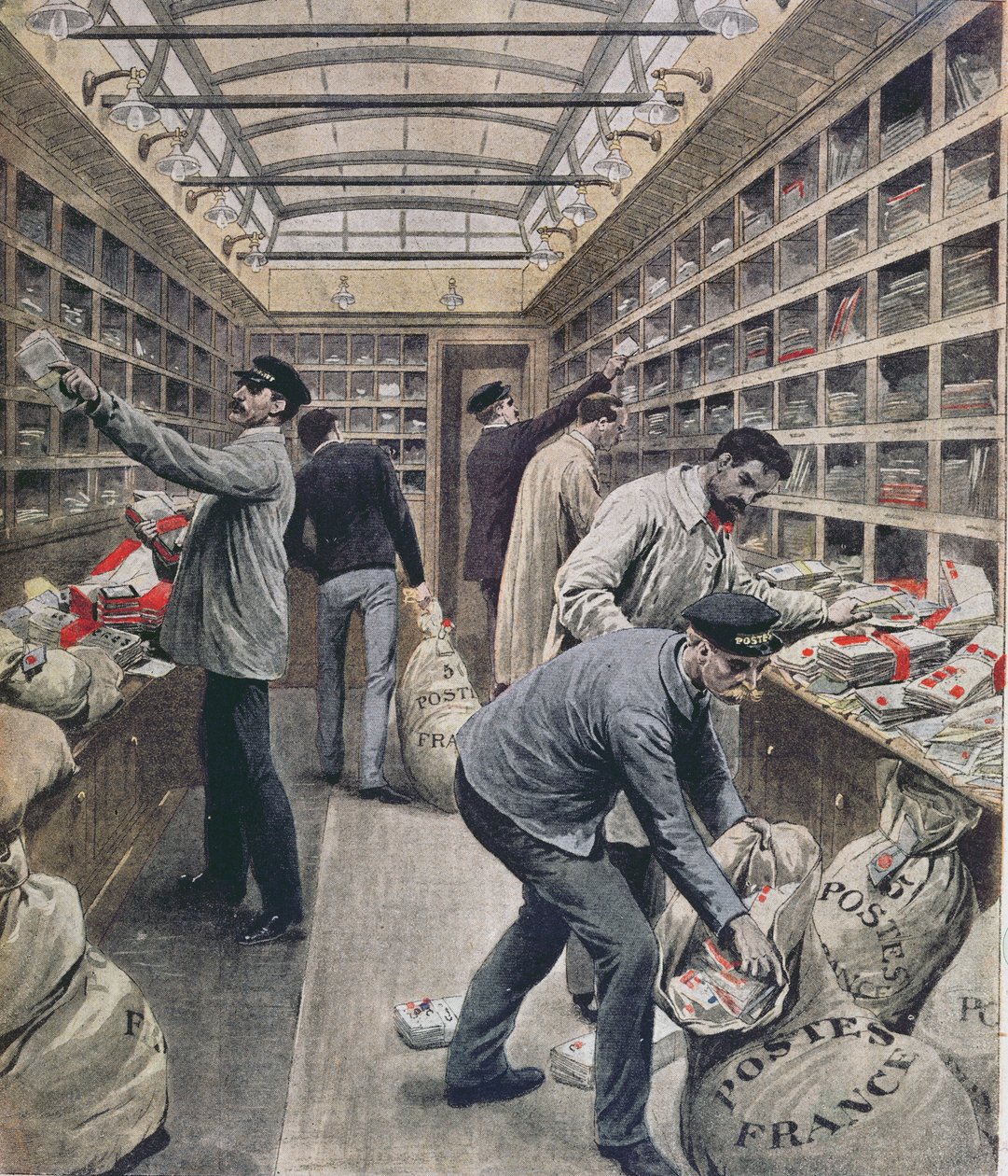 Interiér francouzského železničního poštovního vozu v době francouzské poštovní stávky v roce 1909, ilustrace z Le Petit Journal, 28. března 1909 od French School