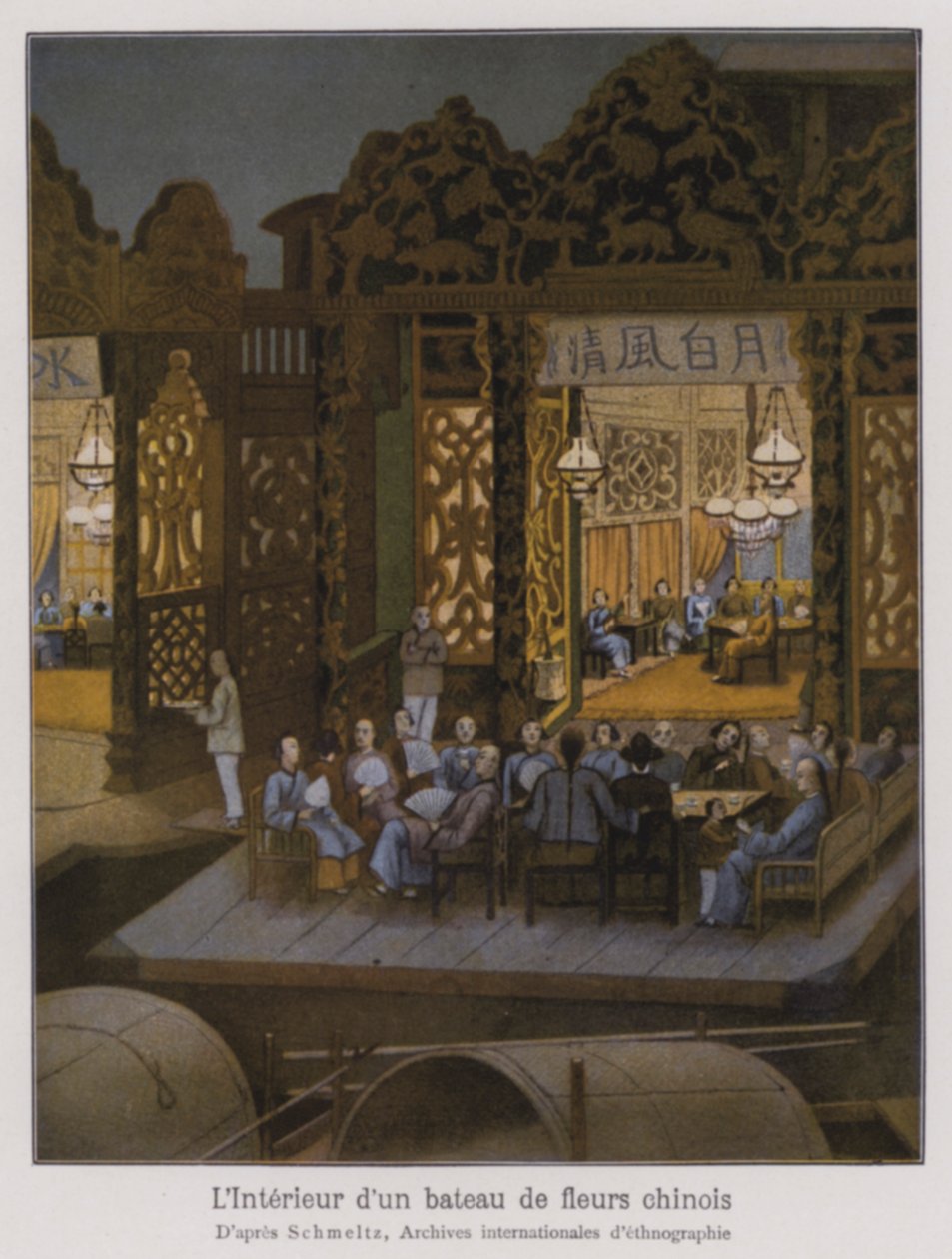 Interiér květinové lodi, čínské výletní lodi (barevná litografie) od French School
