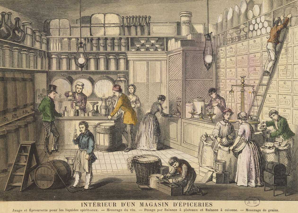 Interiér obchodu s potravinami (barevné gravírování) od French School