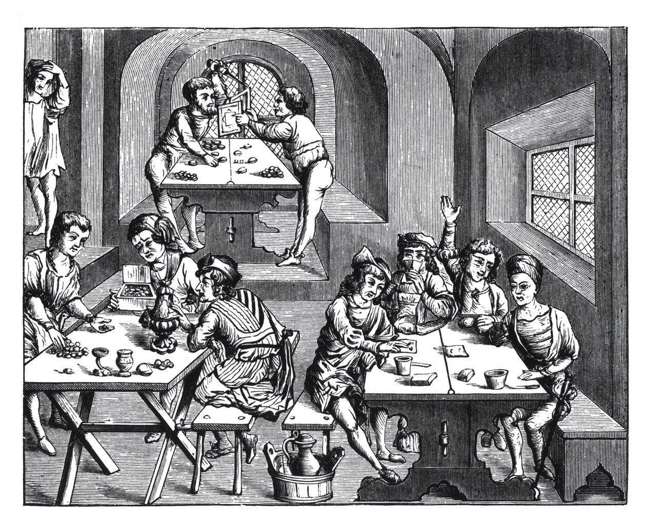 Interiér hostince, po dřevorytu ve foliovém vydání Virgilia, vydáno Lyons, 1517 od French School
