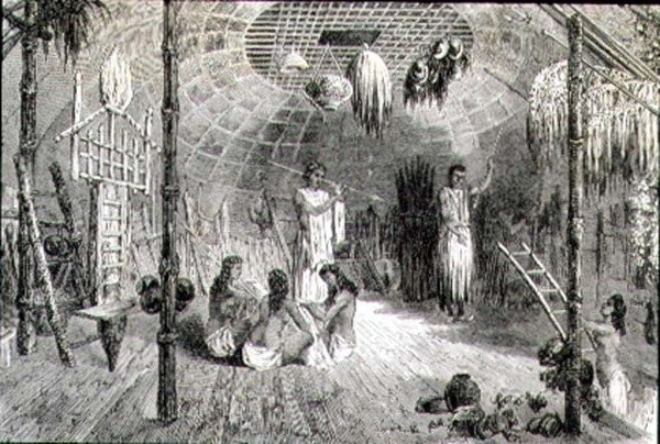 Interiér indiánské chýše v 60. letech 19. století (rytina) od French School