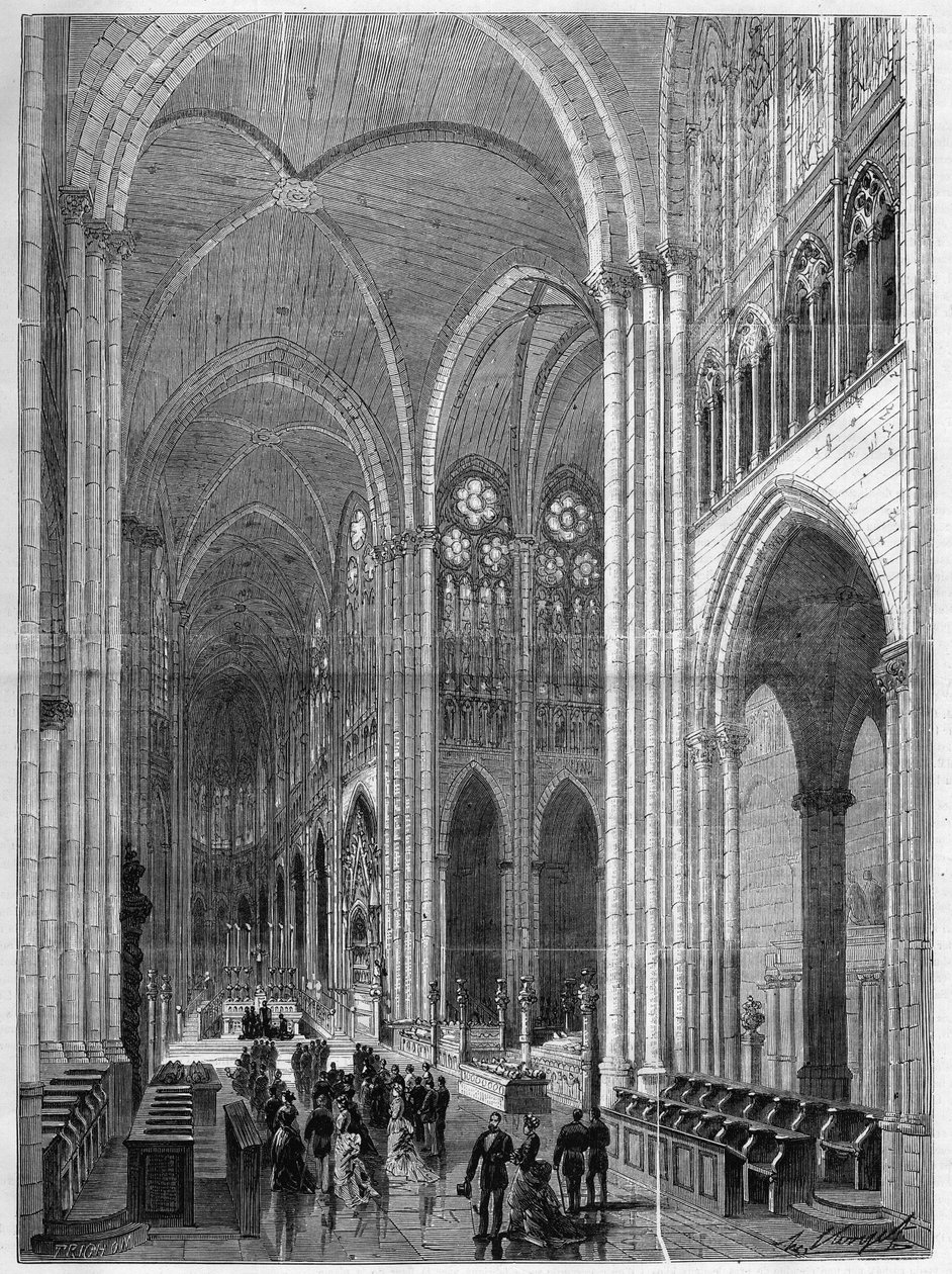 Interiér baziliky Saint Denis (Saint Denis) obnoven podle plánů Eugena Viollet-le-Duc (Viollet le Duc) (1814-1879). Gravírování v „The Illustrous Universe“ od French School