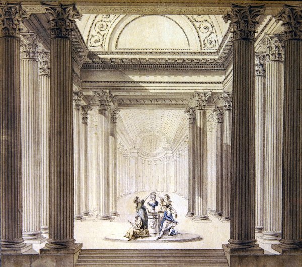 Interiér chrámu ctnosti, cca 1770 (pero a inkoust s akvarelem na papíře) od French School