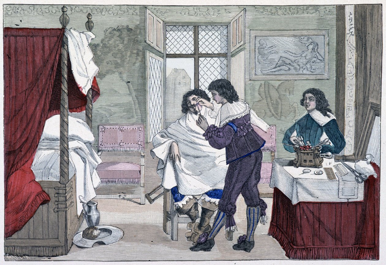 Interiér domu holiče v 17. století - v „Paříži v průběhu staletí““ od French School