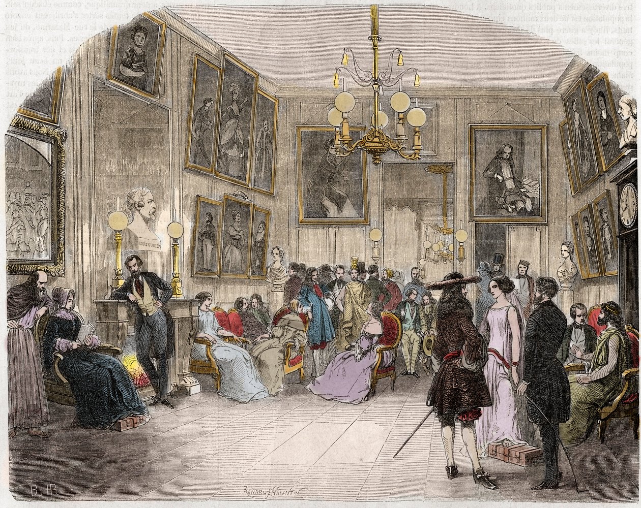 Vnitřní pohled na greenroom (Comedie Francaise v Paříži) - Vnitřní pohled na foyer umělců - Comedie Francaise - Rytina v „Tableau-de-Paris““ od Edmonda Texiera 1852 od French School