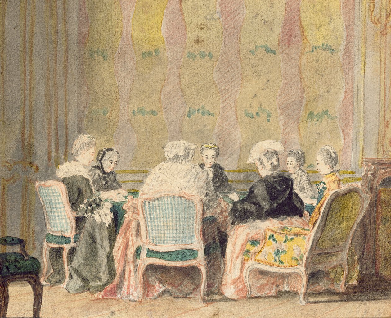 Interiér s dámskými hracími kartami, 1770 (wc na papíře) od French School