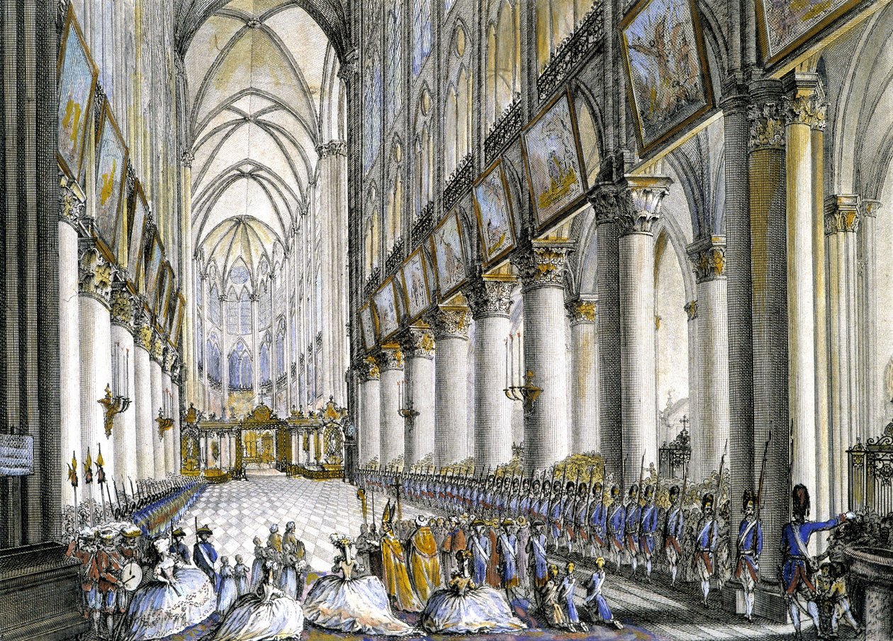 Vnitřní pohled na Notre-Dame de Paris, při příjezdu Marie Antoinetty (1755-1793), francouzské královny, aby se zúčastnila slavné mše za narození jejího syna, budoucího Ludvíka XVII. (1785-1795). Rytina 18. století. od French School