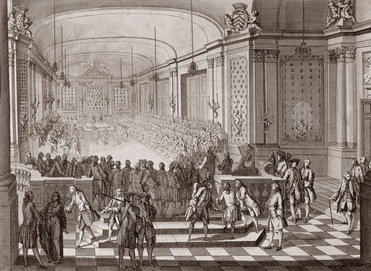 Vnitřní pohled na Jacobins Hall, v Nantes, během držení Spojených států Bretaň v roce 1764. od French School