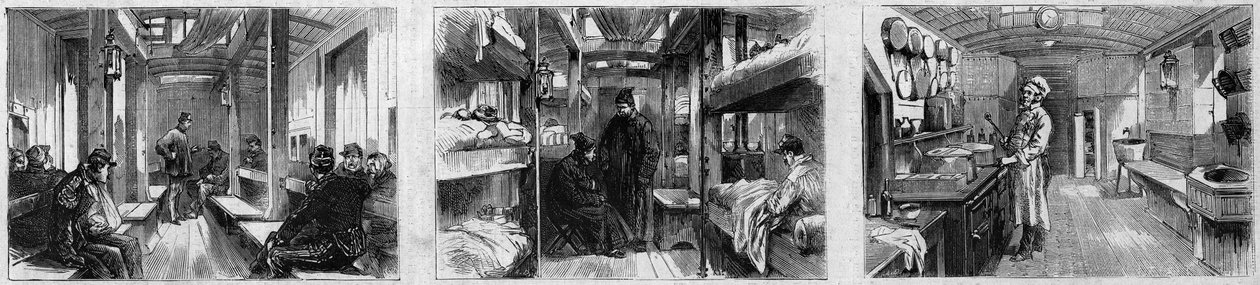 Vnitřní pohled na sanitní vůz a kuchyňský vůz lékařského vlaku francouzské Societe de secours aux wesses militaires. Rytina v „“ Le Monde Illustré““ č. 846 z 28. června 1873. od French School