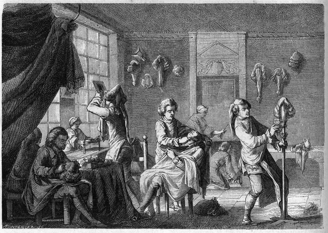 Vnitřní pohled na prodejnu francouzské paruky za Ludvíka XV. (18. století). Gravírování Dargent od French School