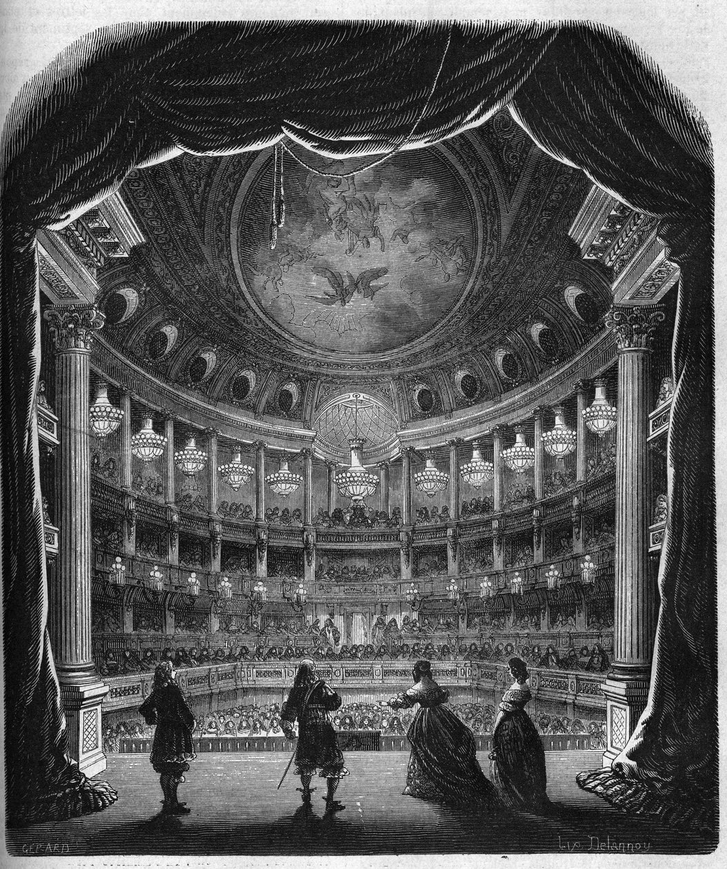 Vnitřní pohled na divadlo zámku ve Versailles. Rytina z let 1867-1868. od French School