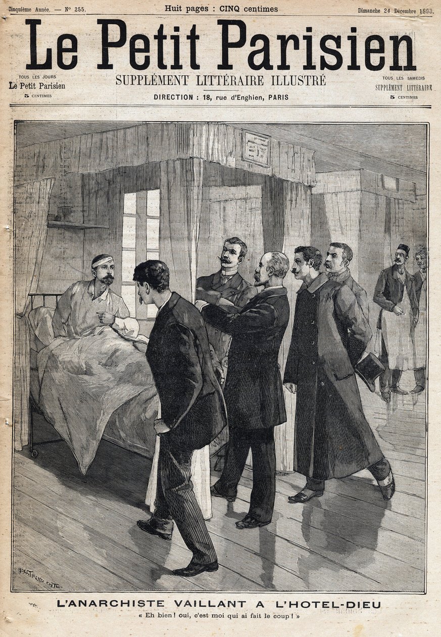 Výslech anarchisty Augusta Vaillanta (1861-1894) v Hotel dieu, který se přiznává k útoku, který spáchal 9. prosince od French School