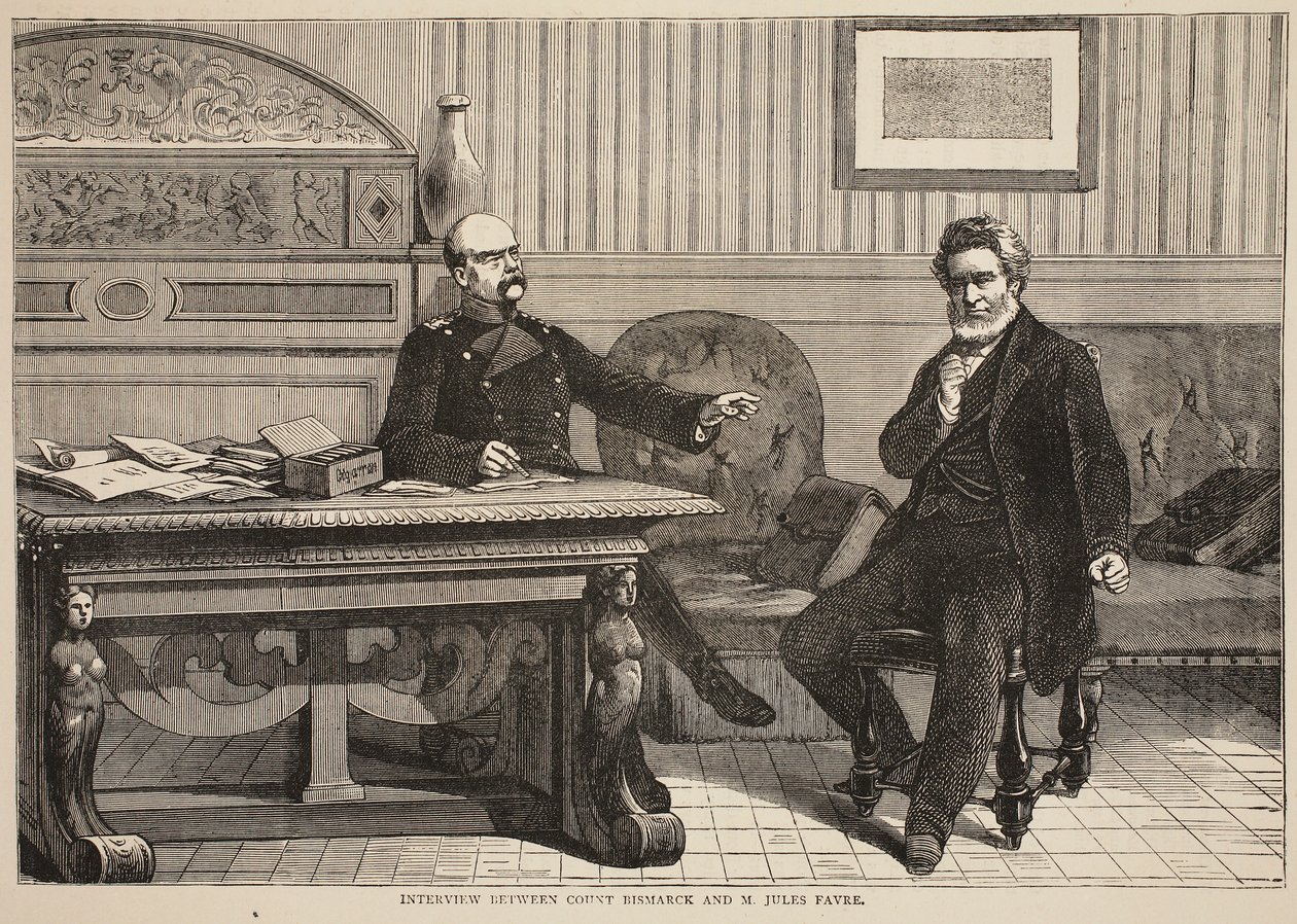 Rozhovor mezi hrabětem Bismarckem a M. Julesem Favrem, září 1870, ilustrace z Cassellse Historie války mezi Francií a Německem, 1870-1871 od French School