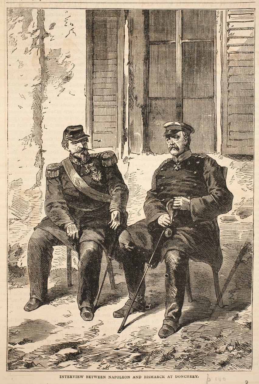 Rozhovor mezi Napoleonem a Bismarckem v Doncherry, ilustrace z Cassells Historie války mezi Francií a Německem, 1870-1871 od French School