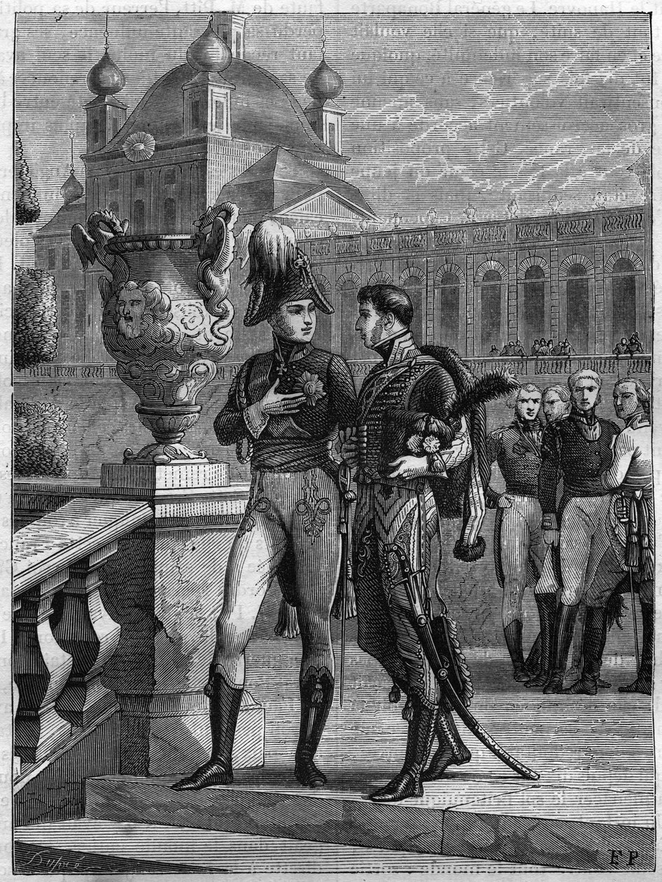 Rozhovor Alexandra I. z Ruska (1777-1825) a Michela Duroce (1772-1813) v Petrohradě v dubnu 1801 – rytina z roku 1865 v „Histoire du Consulate et de la Empire“ od Louise Adolphe Thierse – Rozhovor mezi císařem Alexandrem I. Rusko (1777- od French School
