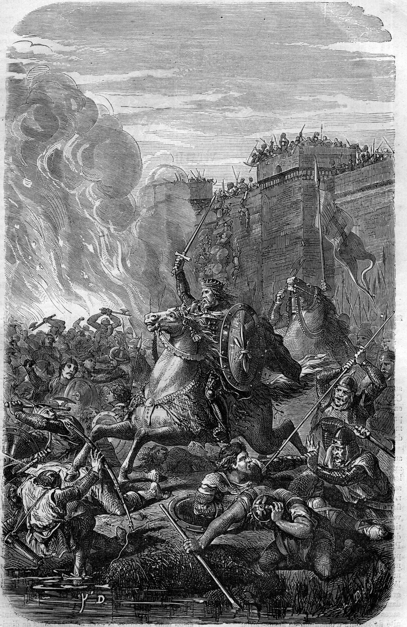 Invaze a plenění Říma Alarichem I., králem Vizigótů v roce 410. Rytina v „Histoire des Papes-Rois-Queen and Empereurs a travers les století““ od Maurice Lachatre od French School