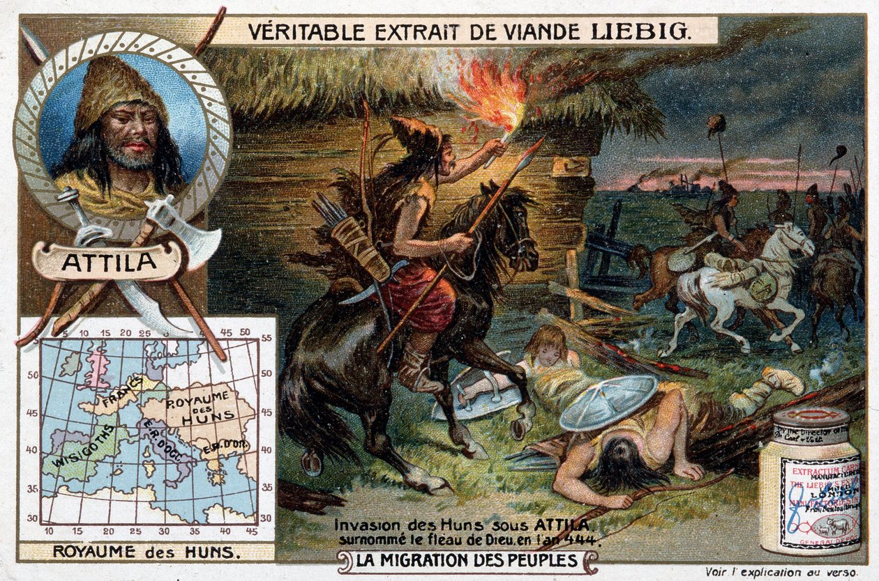 Invaze Hunů za Attily, přezdívané boží metla, v roce 444 - Liébigova reklamní viněta od French School