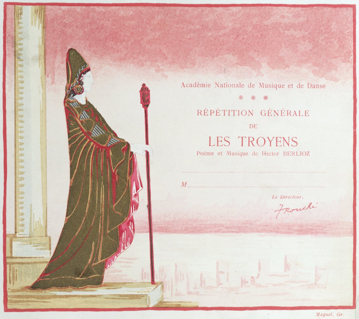 Pozvánka na představení Les Troyens (Trójské koně) složeného Hectorem Berliozem (1803-69) v Opera de Paris, 1921 od French School