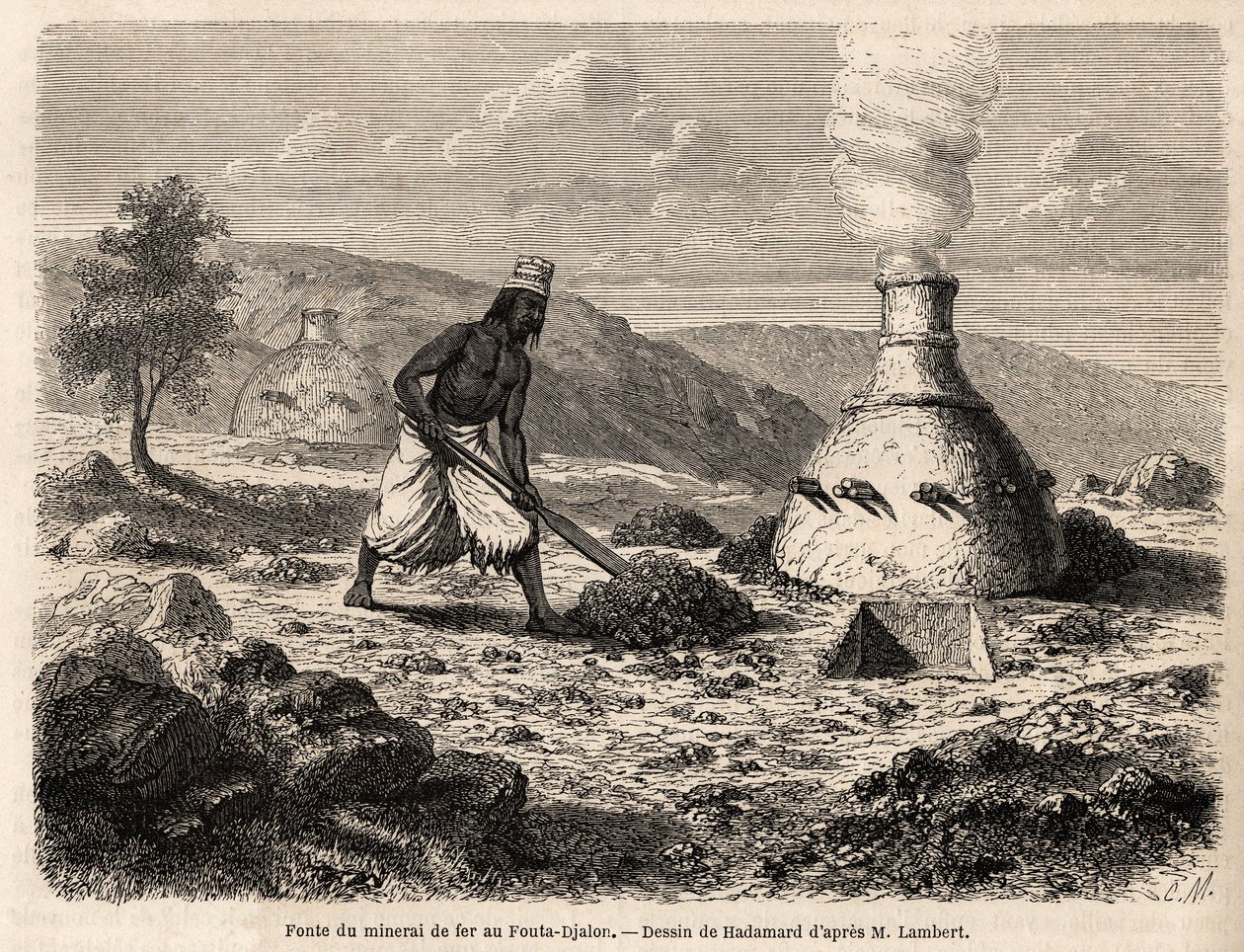 Tavení železné rudy ve Fouta Djalon, Senegal, kresba od Hadamarda, která ilustruje cestu poručíka Lamberta do Fouta Djalon v roce 1860. Rytina v časopise "Le tour du monde" 1861. Selvova sbírka. od French School