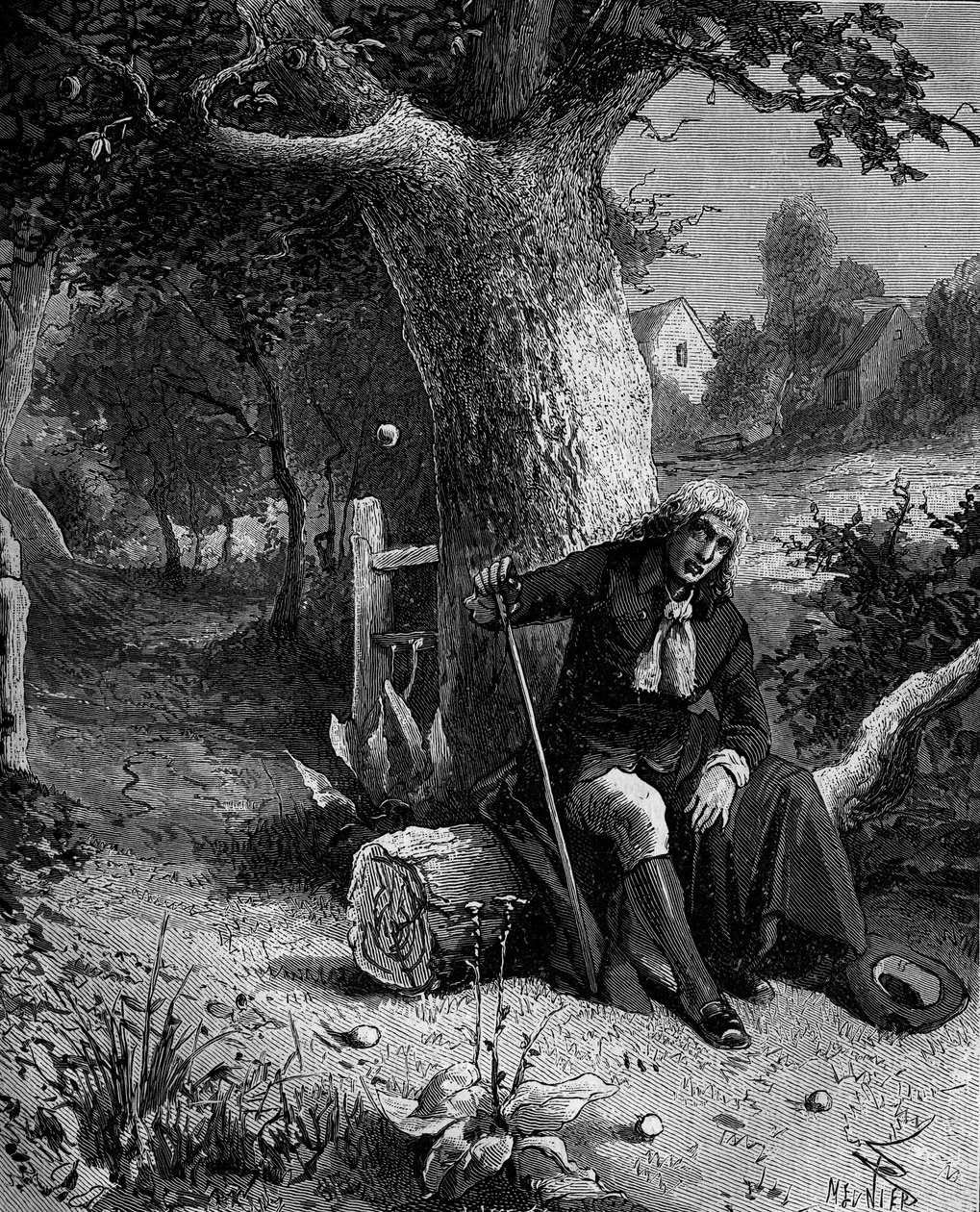 Isaac Newton (1642-1727), anglický matematik a astronom, který objevil pojem zemské gravitace prostřednictvím jablka padajícího z jabloně ve Woolsthorpe. od French School