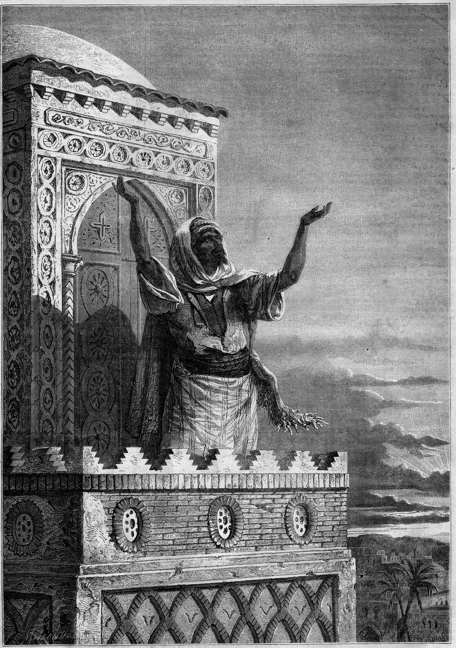 Islám: Muezzin svolává věřící k večerní modlitbě z minaretu mešity v Africe. Rytina v „“ Le Monde Illustré““ č. 297 z 20. prosince 1862. od French School