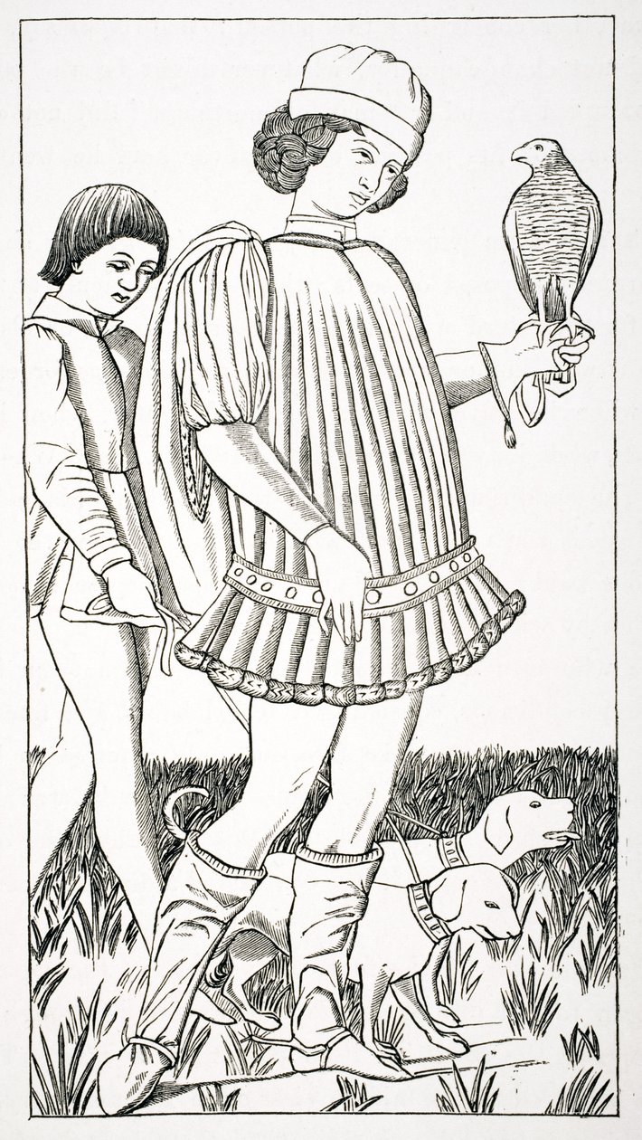 Italský šlechtic držící jestřába, podle hrací karty vyryté do mědi, kolem roku 1460, z „Le Moyen Age et La Renaissance“ od Paula Lacroixe (1806-84), vydaného v roce 1847 od French School