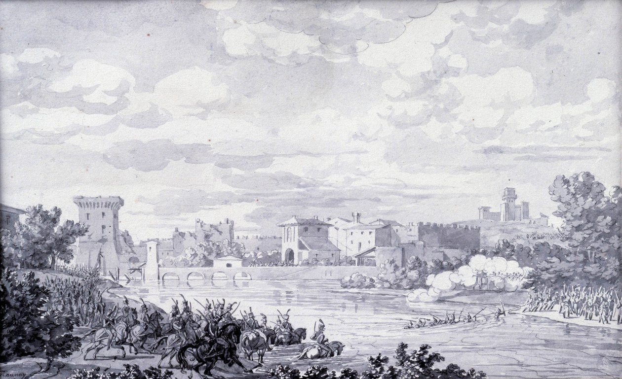 Italský venkov: francouzská armáda prošla v roce 1796 přes řeku Mincio do Borghetta. Anonymní kresba. Paříž, Muzeum Louvre od French School