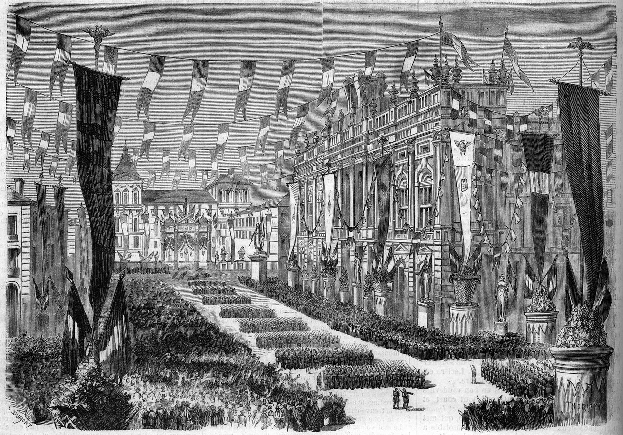 Sjednocení Itálie, Turín, 2. dubna 1860: výzdoba zámeckého náměstí (Piazza Castello) u příležitosti otevření italského parlamentu. Rytina v „“ Le Monde Illustré““ č. 157 ze 14. dubna 1860. od French School