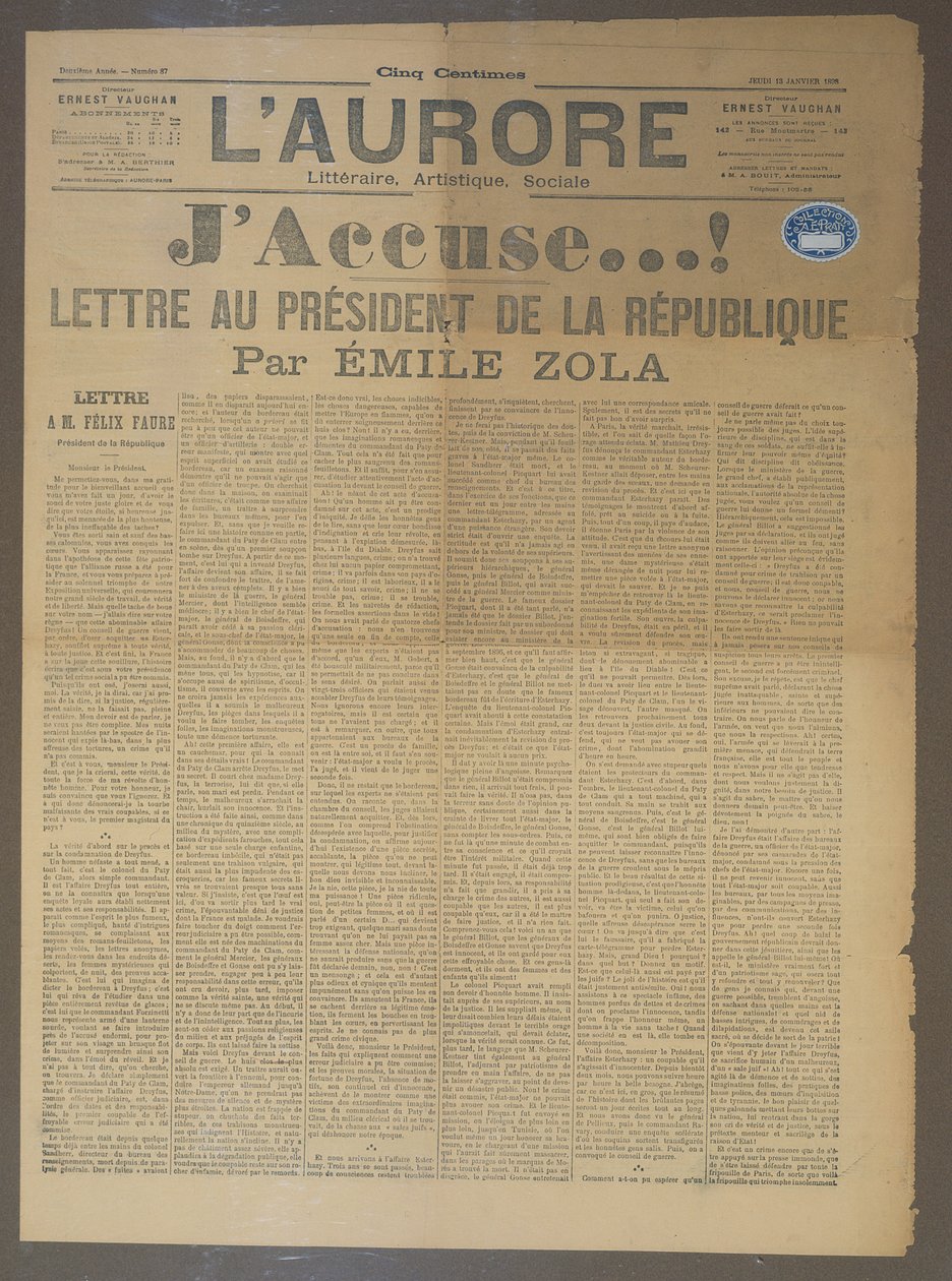 JAccuse dopis Emile Zoly (1840-1902), zveřejněný v LAurore, 13. ledna 1898 (tisk) od French School