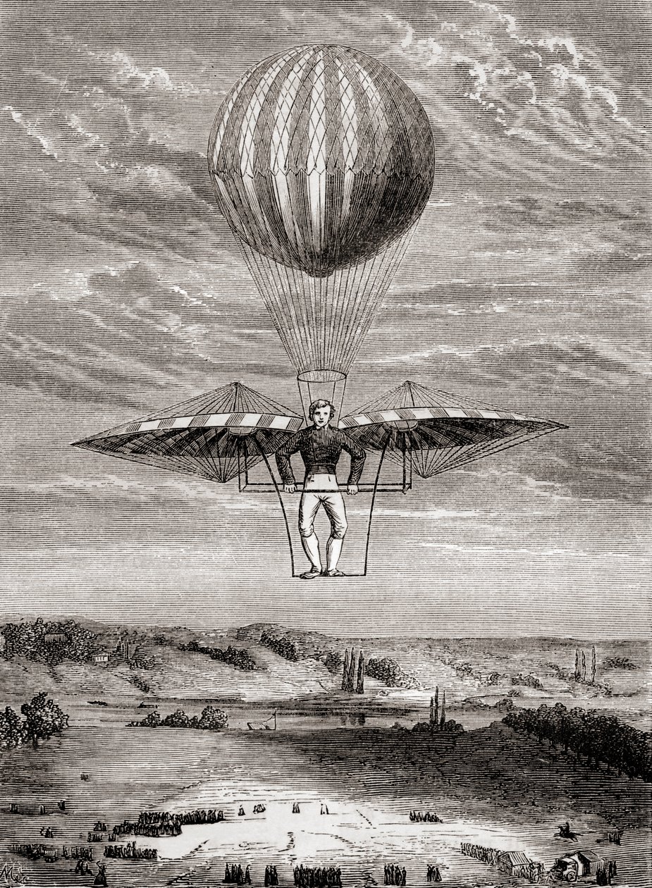 Ornitoptéra Jacoba Degena z roku 1808 s klapkami, v níž pilot stál na pevném rámu a ovládal křídla pomocí pohyblivé vodorovné tyče, z knihy "Les Merveilles de la Science", vydané kolem roku 1870 (litografie). od French School