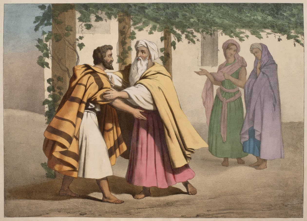 Jacob s Labanem a jeho dcerami, ilustrace z katechismu LHistoire Sainte, vydal Charles Delagrave, Paříž, konec 19. století od French School